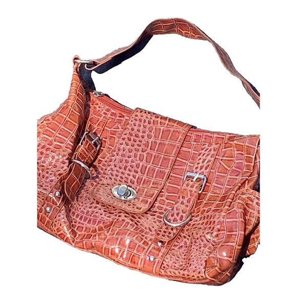 Orange Alligator Embossed Hobo Shoulder Bag Handbag Pockets Glossy Patent Finish - Picture 14 of 16